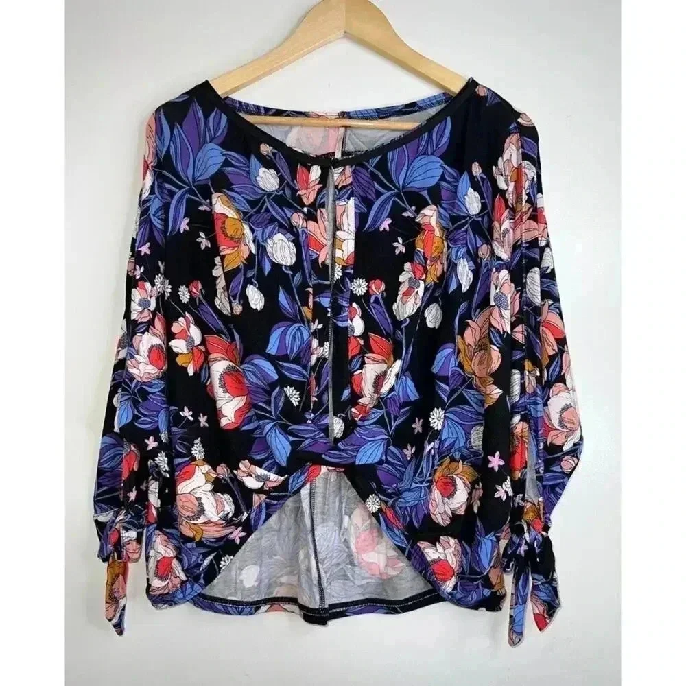 Free People Keepin On Top shirt sz SMALL Floral Cropped Tie front Sleeves - Picture 3 of 7